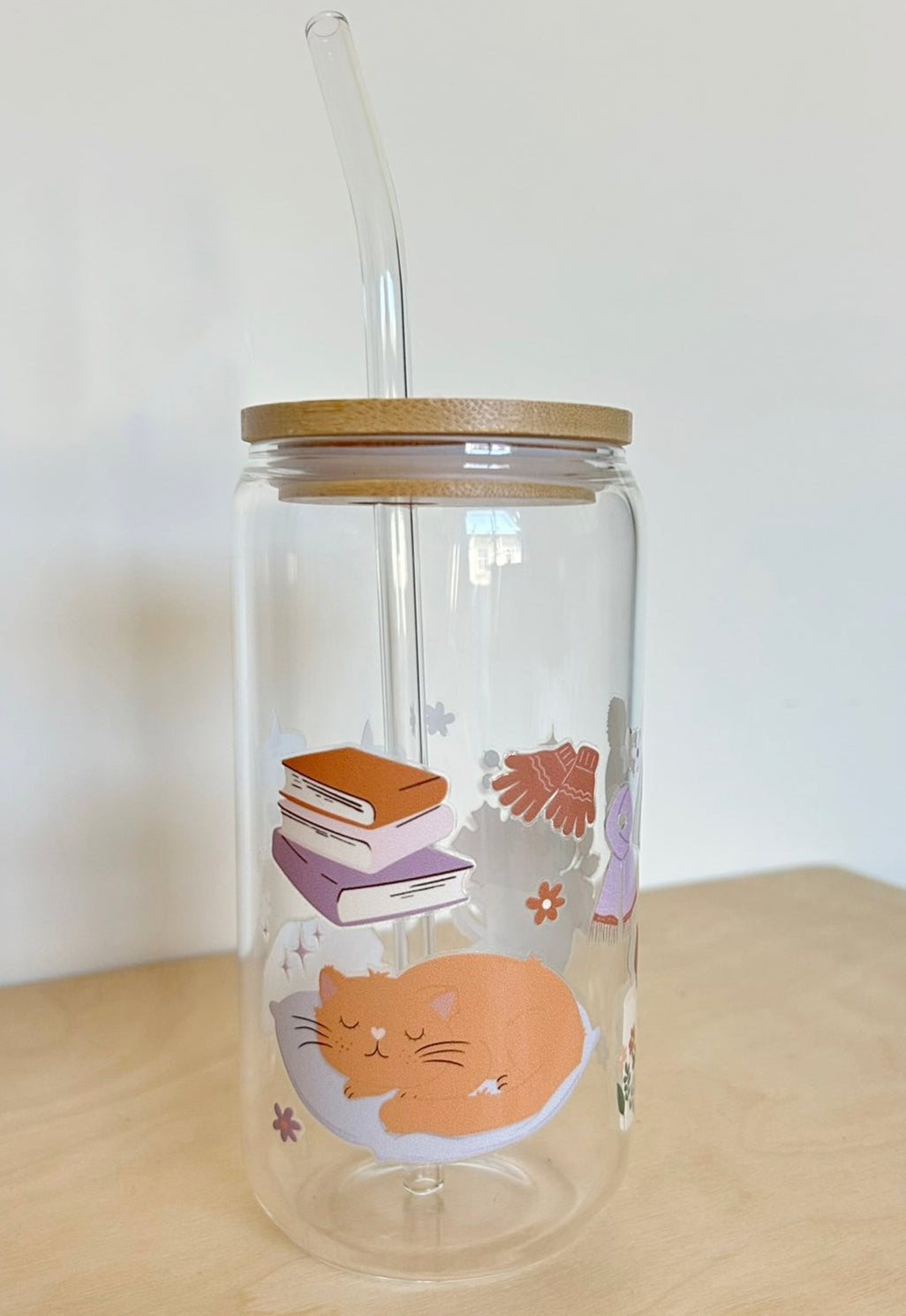Cat Books Blanket Candle Glass Tumbler 17oz Straw