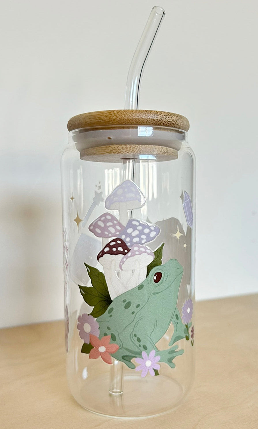 Frog Bunny Book Toadstool Glass Tumbler 17oz Straw