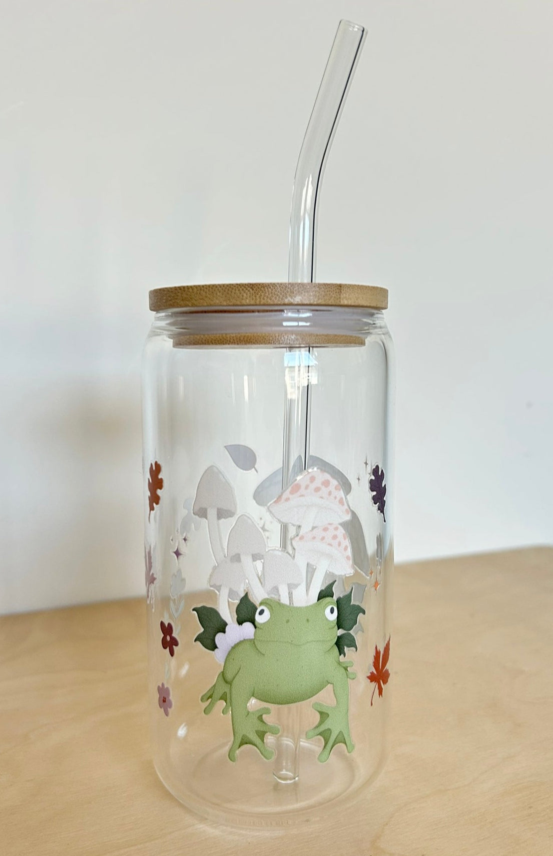 Frog Toadstool Glass Tumbler 17oz Straw
