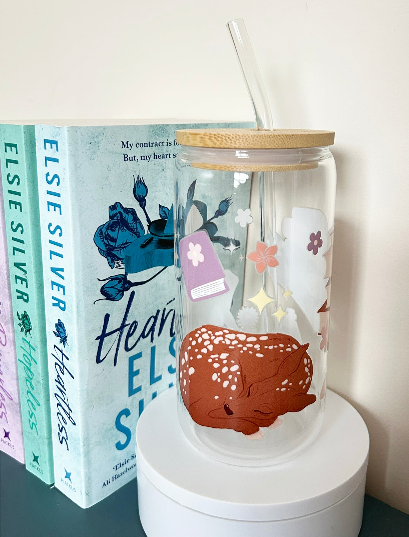 Deer & Frog Books Toadstools Bookish Glass Tumbler with Bamboo Lid & Straw – 16oz Aesthetic Reader Cup