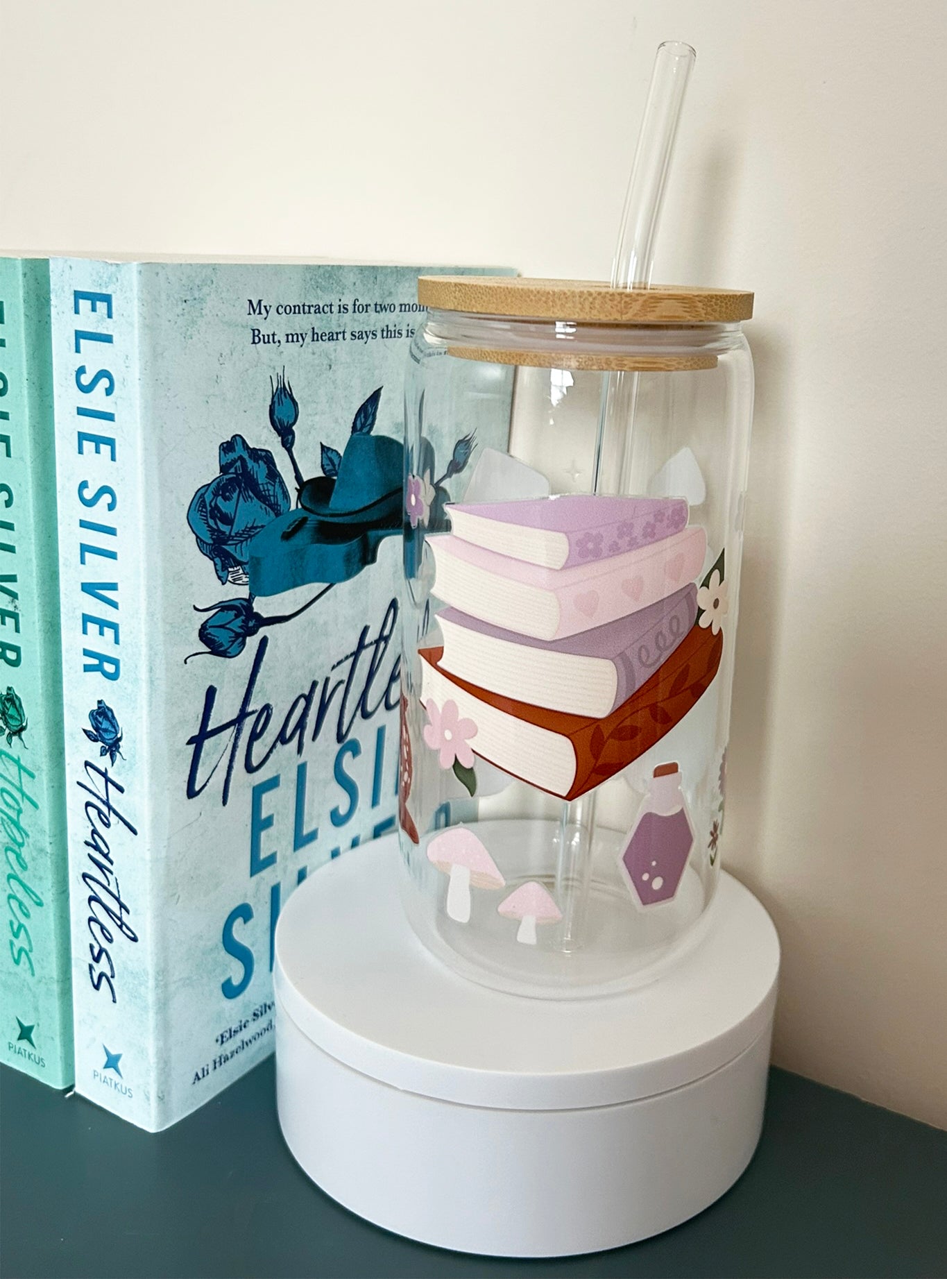 Deer & Frog Books Toadstools Bookish Glass Tumbler with Bamboo Lid & Straw – 16oz Aesthetic Reader Cup