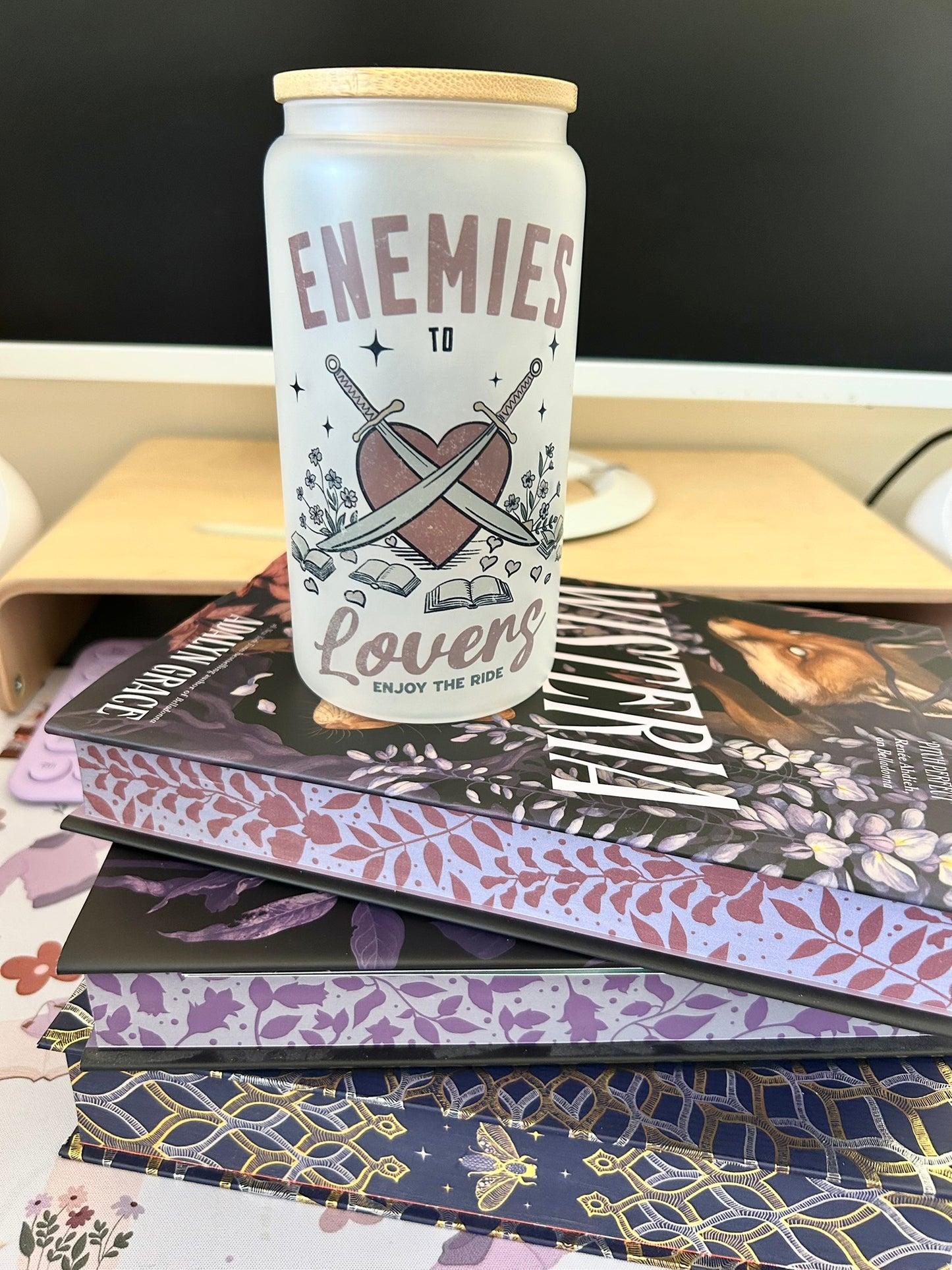 Enemies to Lovers Romance Bookish Frosted Glass Tumbler with Bamboo Lid & Straw – 16oz Aesthetic Reader Cup