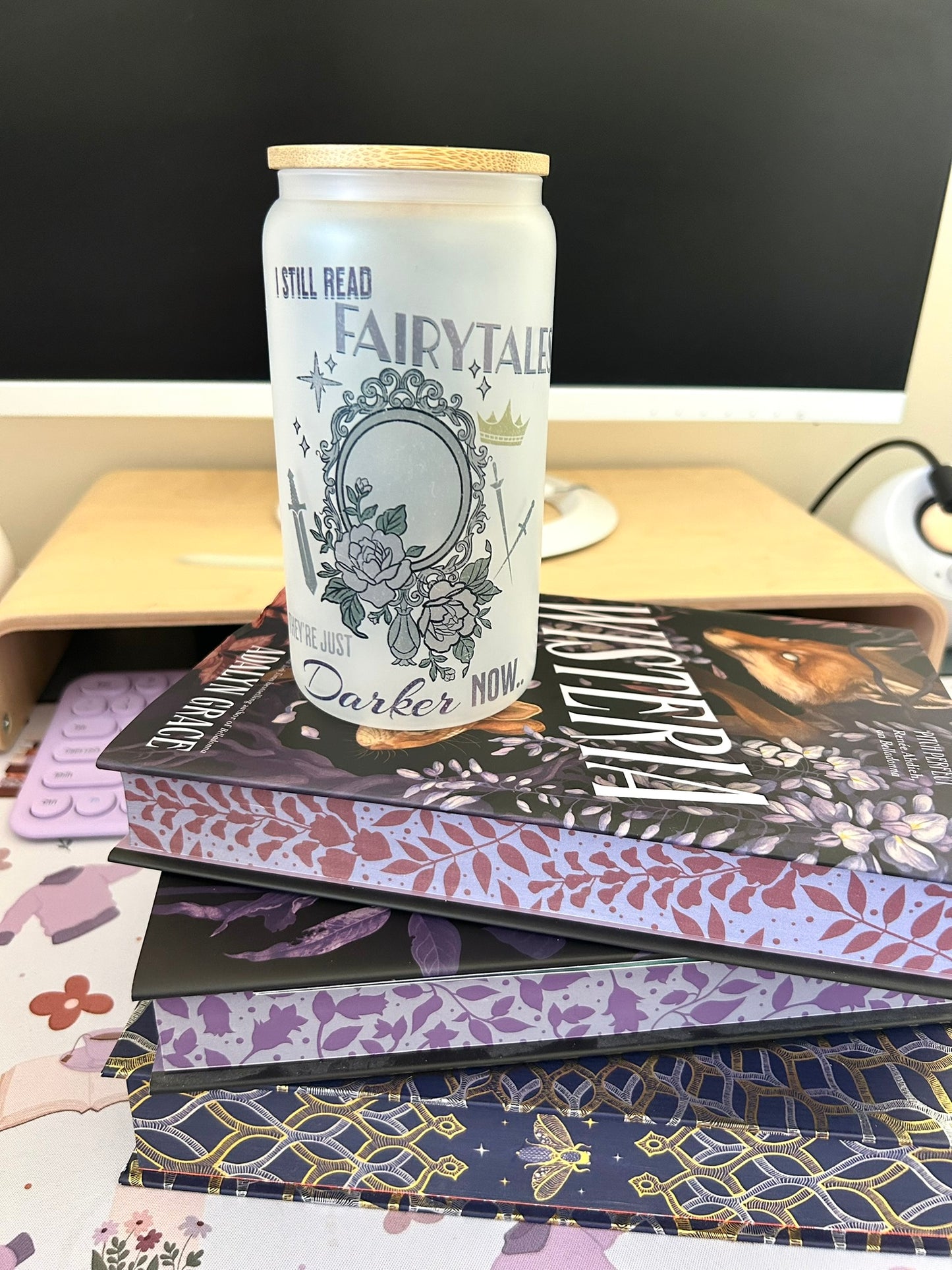 I Still Read Fairytales Bookish Frosted Glass Tumbler with Bamboo Lid & Straw – 16oz Aesthetic Reader Cup