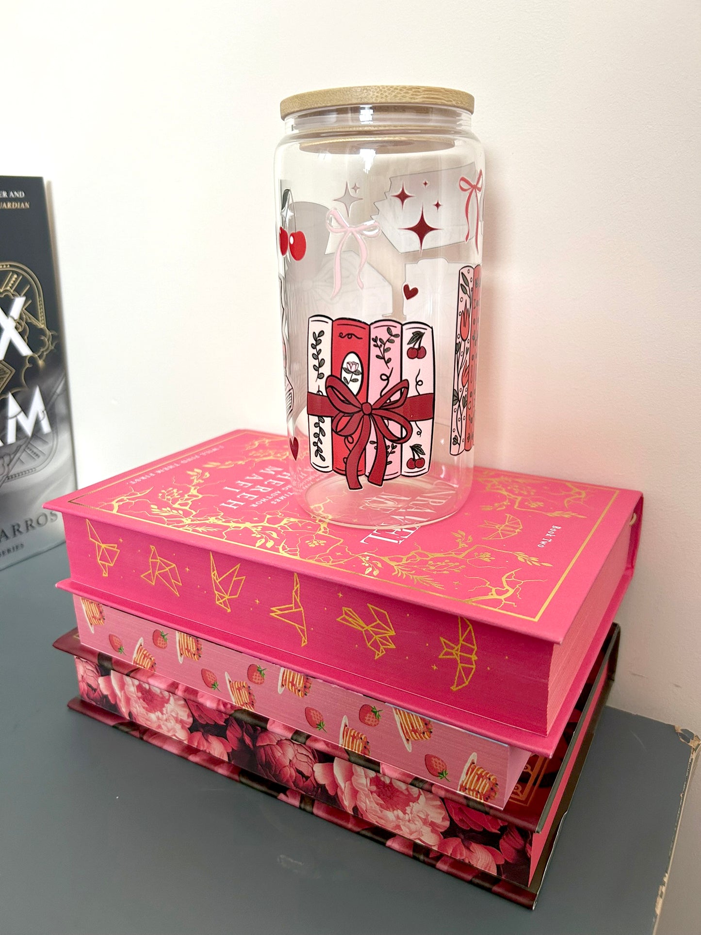 Cherries Bookish Glass Tumbler with Bamboo Lid & Straw – 16oz Aesthetic Reader Cup