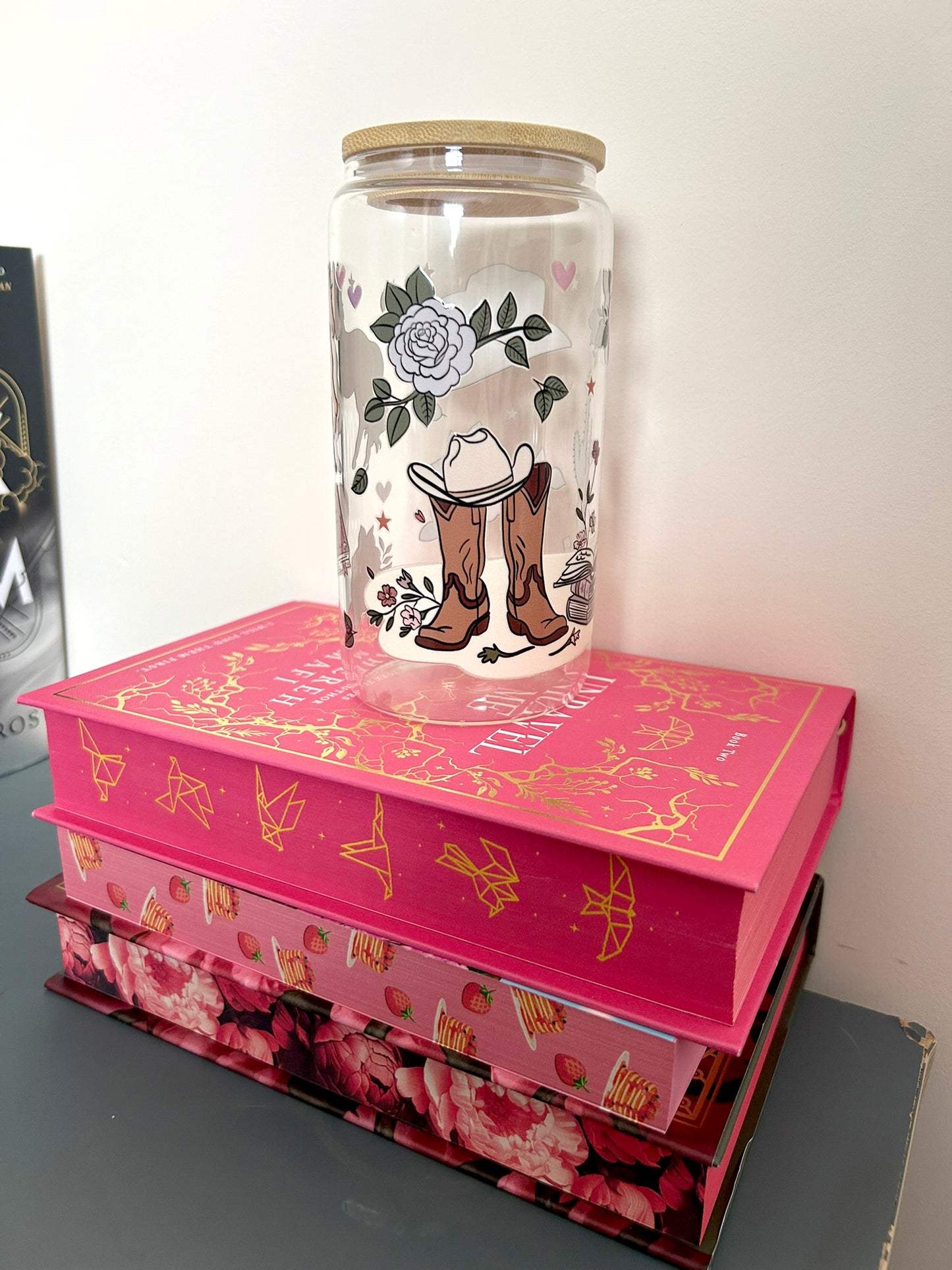 Cowboy Romance Bookish Glass Tumbler with Bamboo Lid & Straw – 16oz Aesthetic Reader Cup