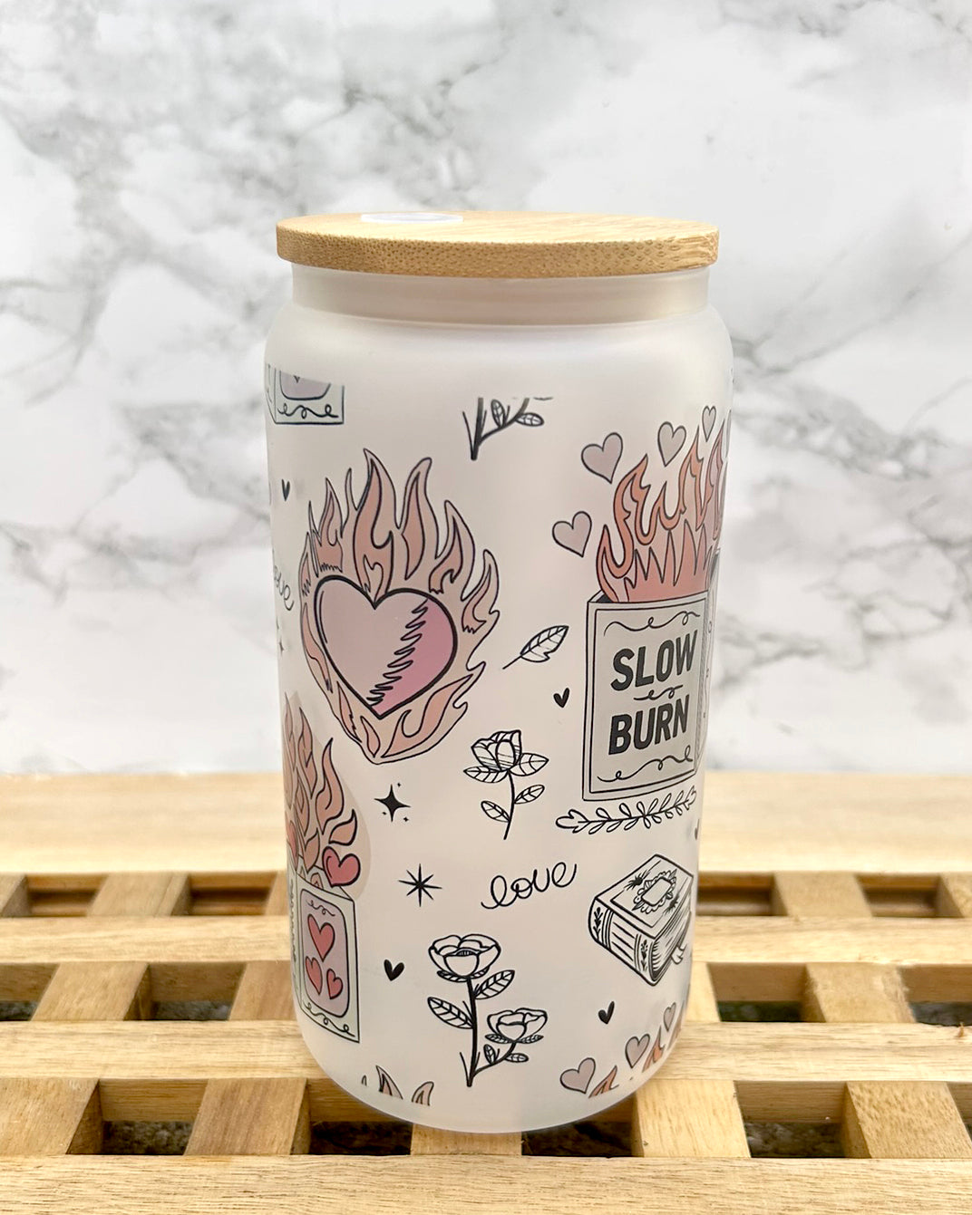 Slow Burn Bookish Frosted Glass Tumbler with Bamboo Lid & Straw – 16oz Aesthetic Reader Cup