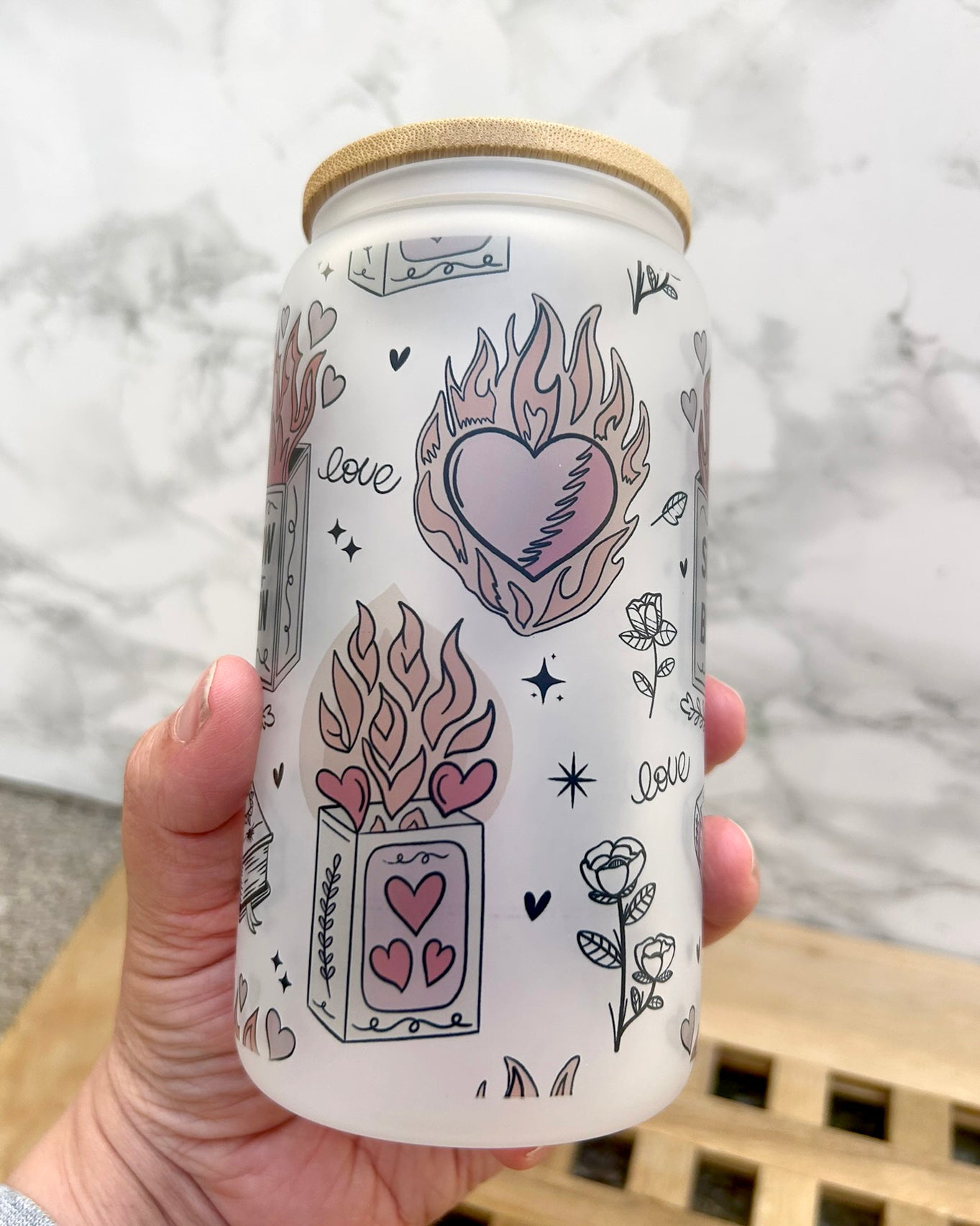 Slow Burn Bookish Frosted Glass Tumbler with Bamboo Lid & Straw – 16oz Aesthetic Reader Cup