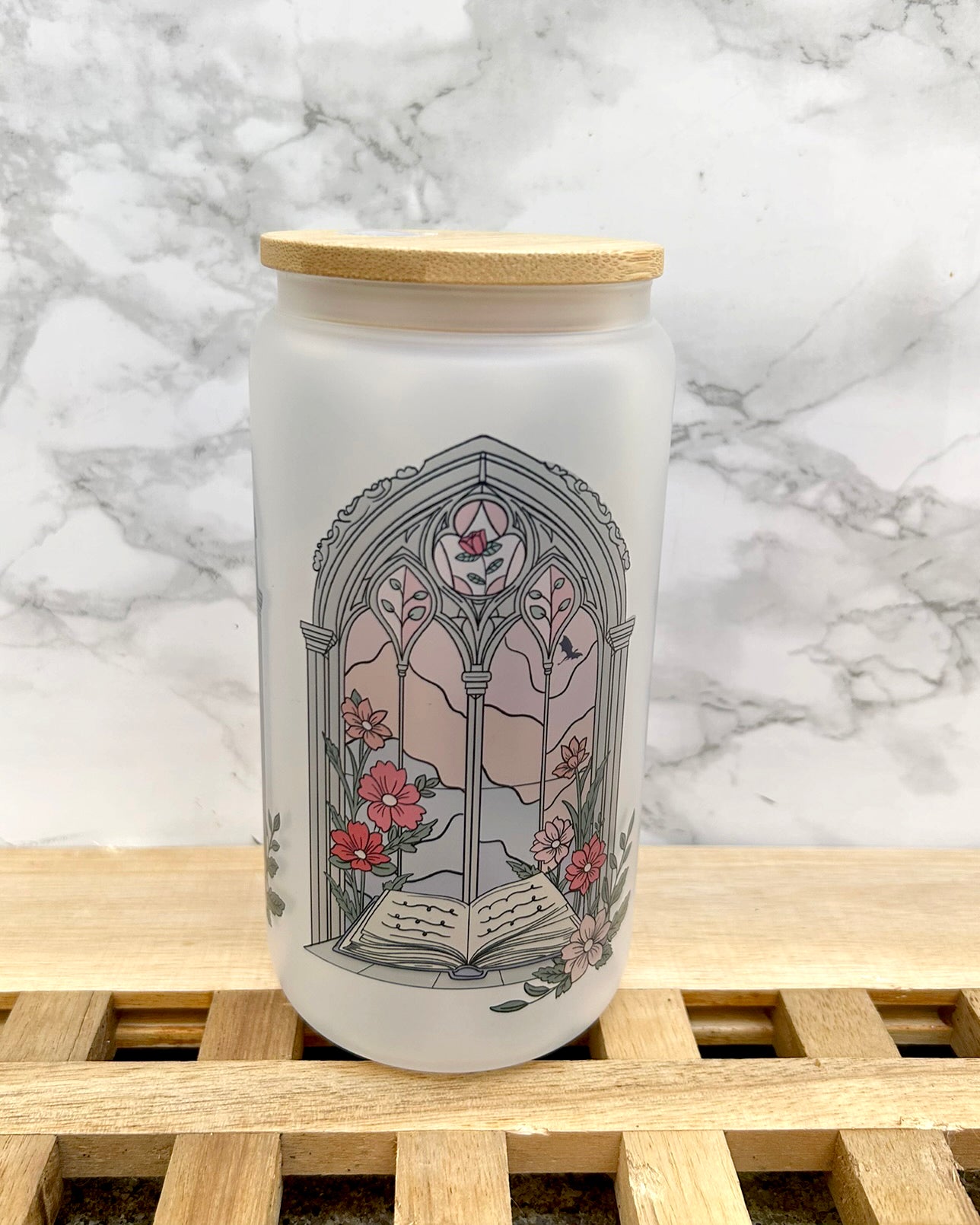 Stained Glass Bookish Frosted Glass Tumbler with Bamboo Lid & Straw – 16oz Aesthetic Reader Cup