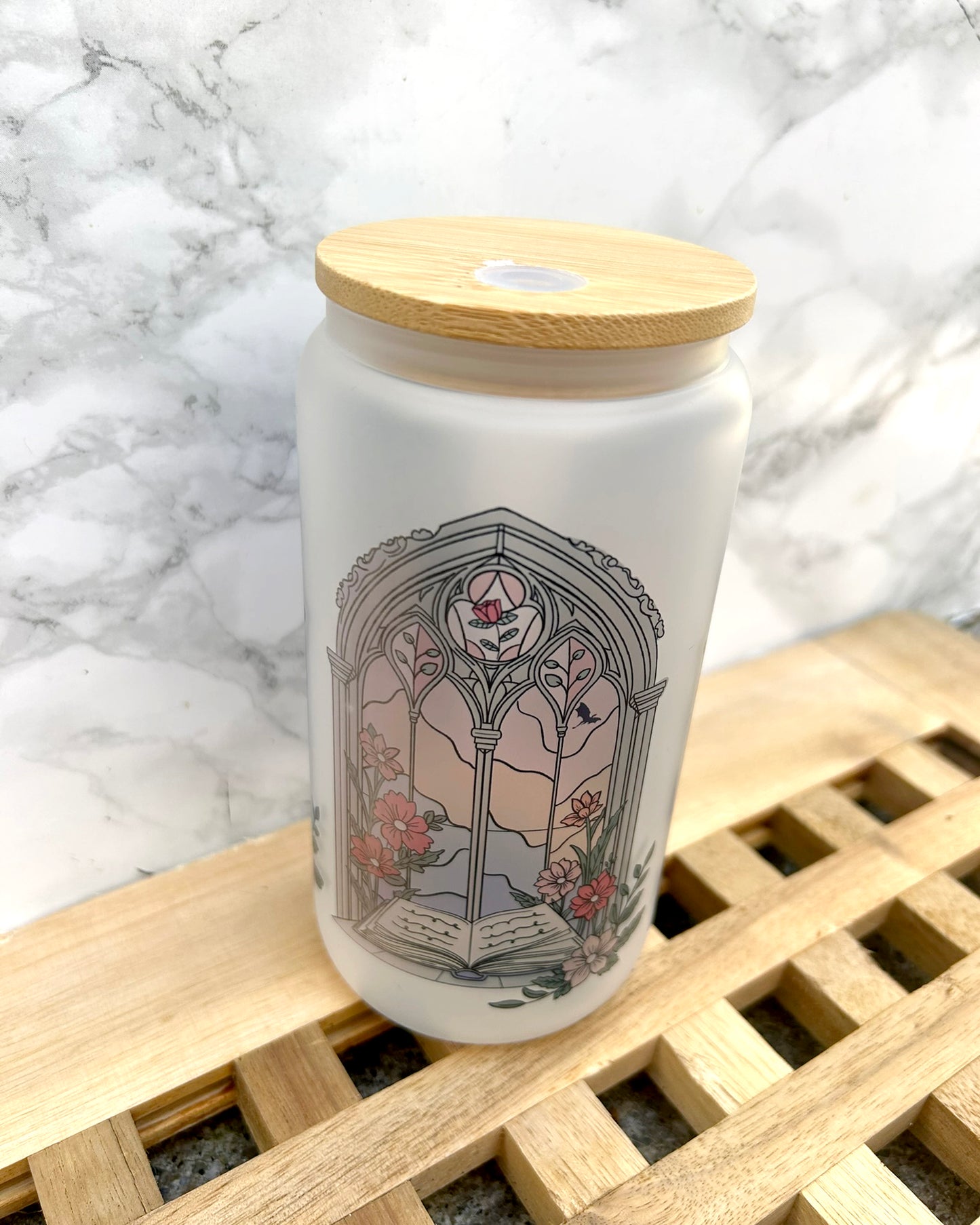 Stained Glass Bookish Frosted Glass Tumbler with Bamboo Lid & Straw – 16oz Aesthetic Reader Cup