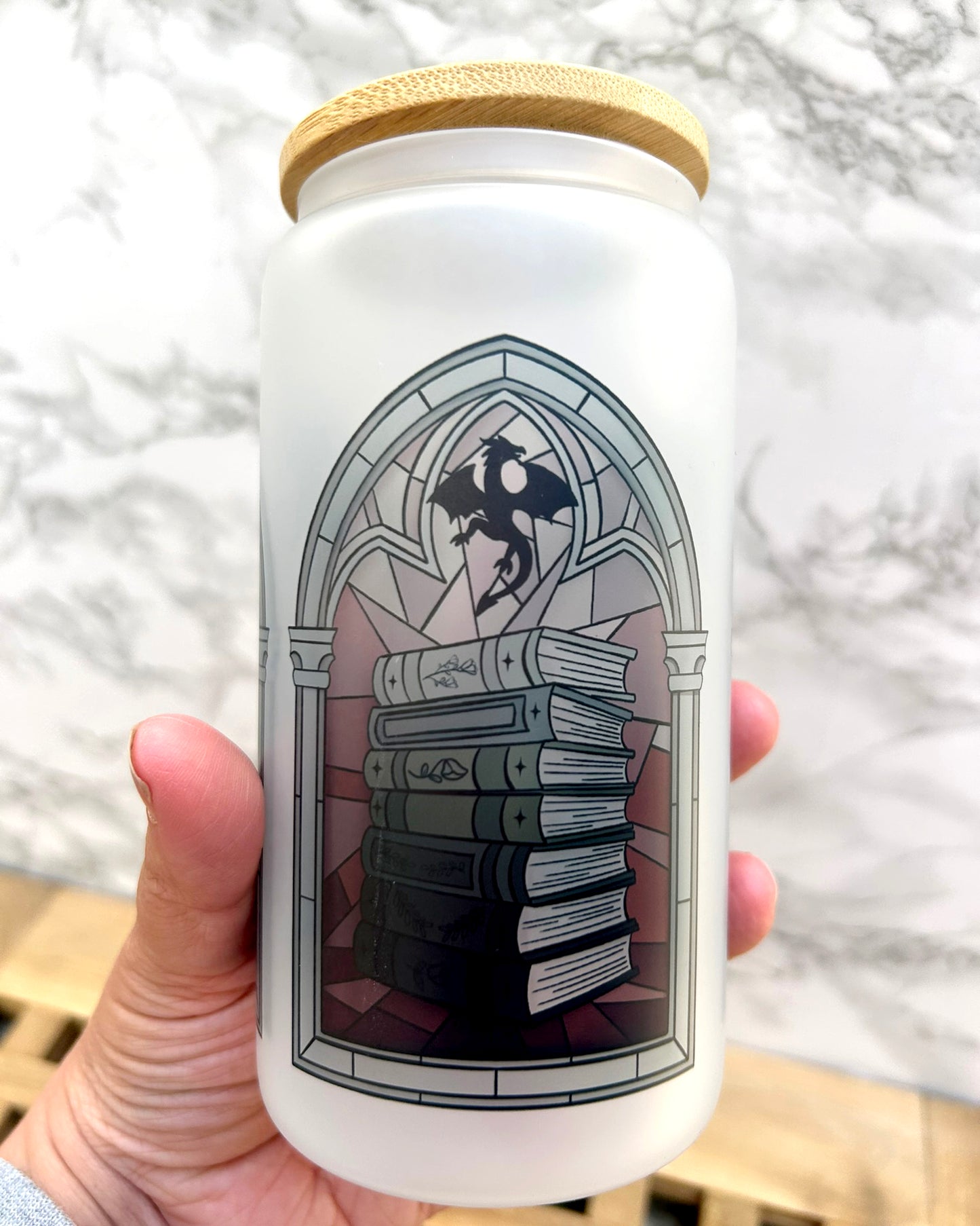 Dragon Stained Bookish Frosted Glass Tumbler with Bamboo Lid & Straw – 16oz Aesthetic Reader Cup