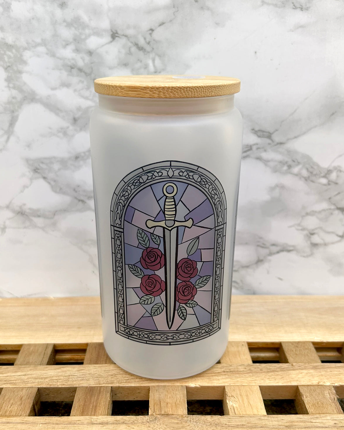 Stained Glass Bookish Frosted Glass Tumbler with Bamboo Lid & Straw – 16oz Aesthetic Reader Cup