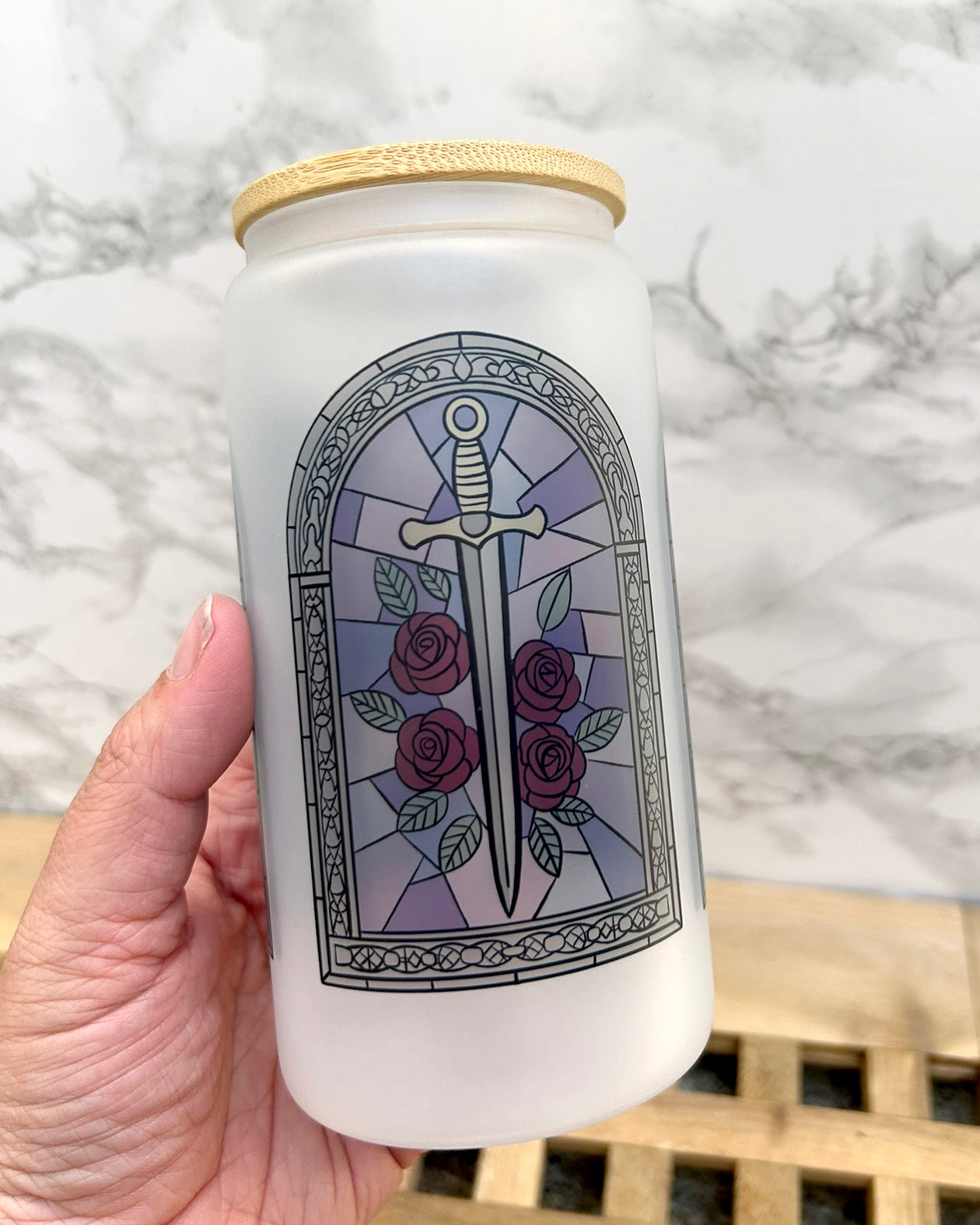 Stained Glass Bookish Frosted Glass Tumbler with Bamboo Lid & Straw – 16oz Aesthetic Reader Cup