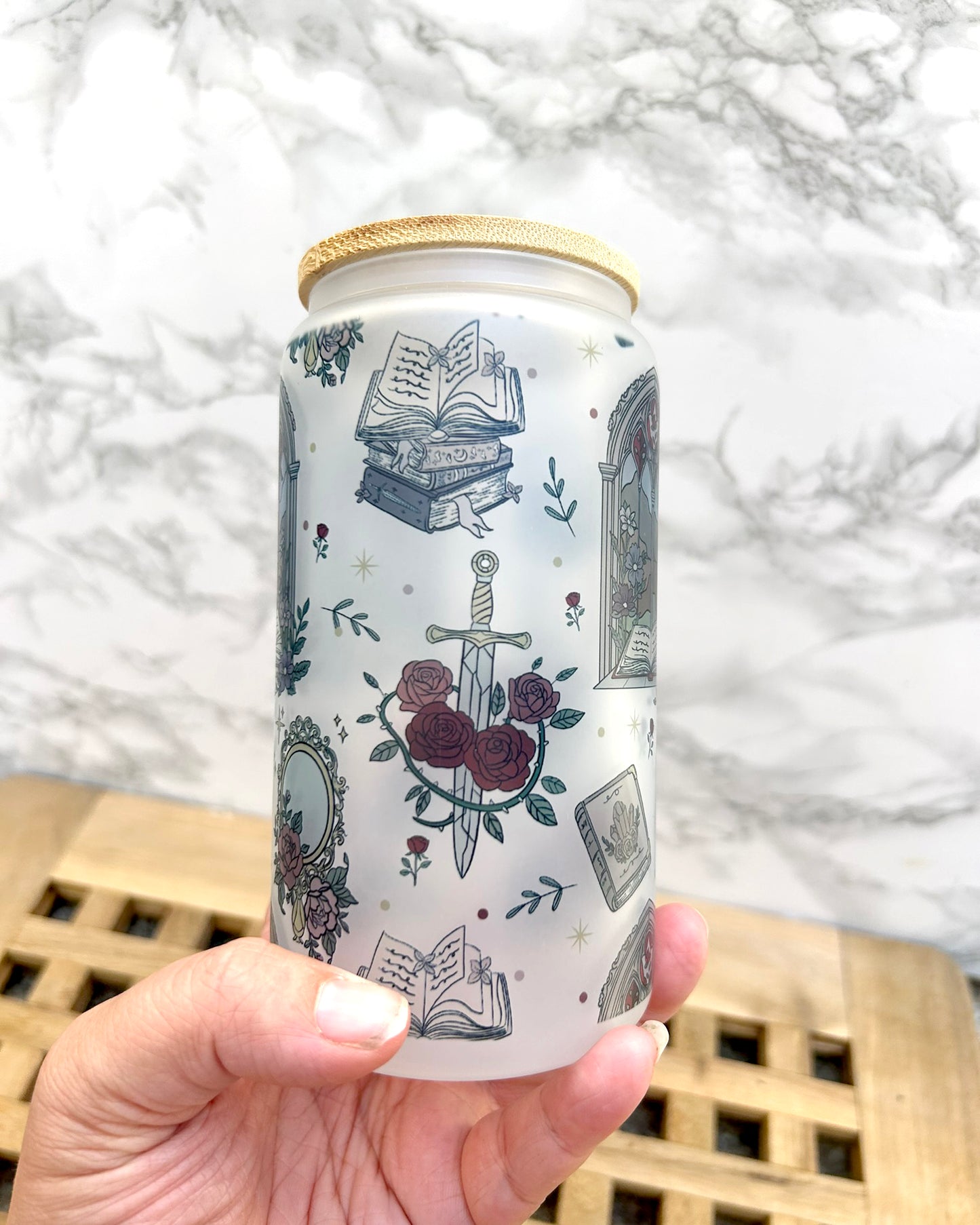 Romantasy Fantasy Bookish Frosted Glass Tumbler with Bamboo Lid & Straw – 16oz Aesthetic Reader Cup