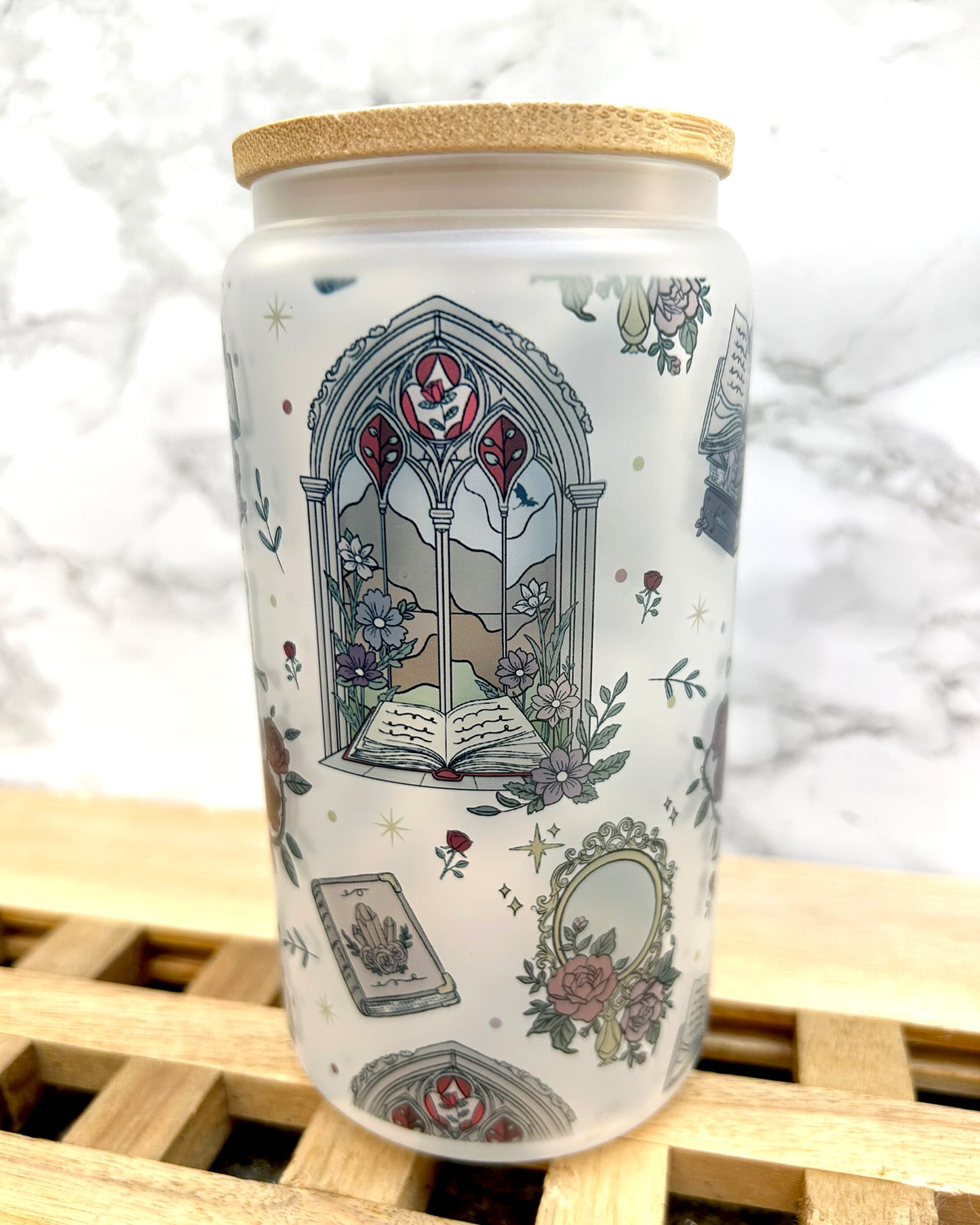 Romantasy Fantasy Bookish Frosted Glass Tumbler with Bamboo Lid & Straw – 16oz Aesthetic Reader Cup