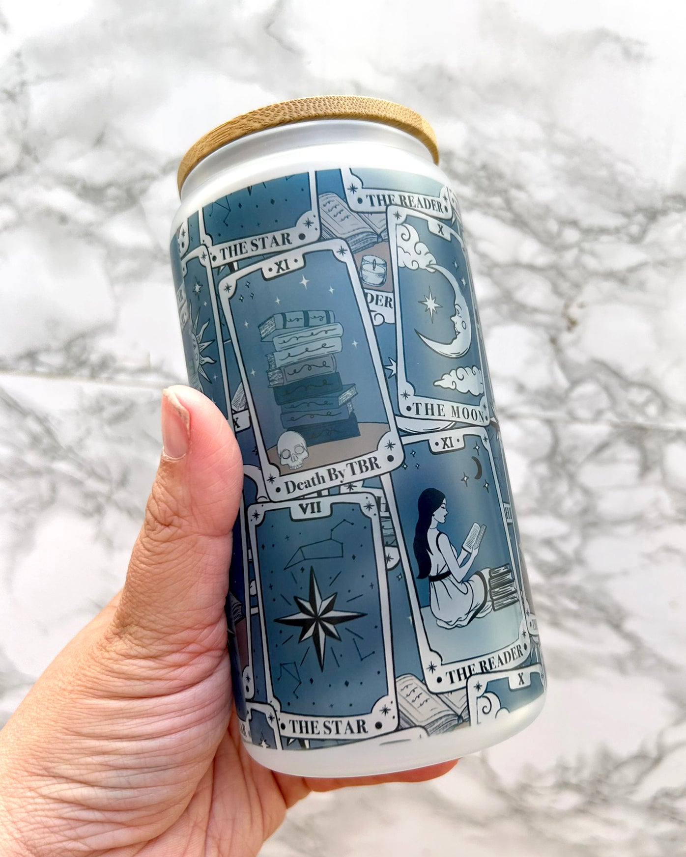 Tarot Cards Bookish Frosted Glass Tumbler with Bamboo Lid & Straw – 16oz Aesthetic Reader Cup