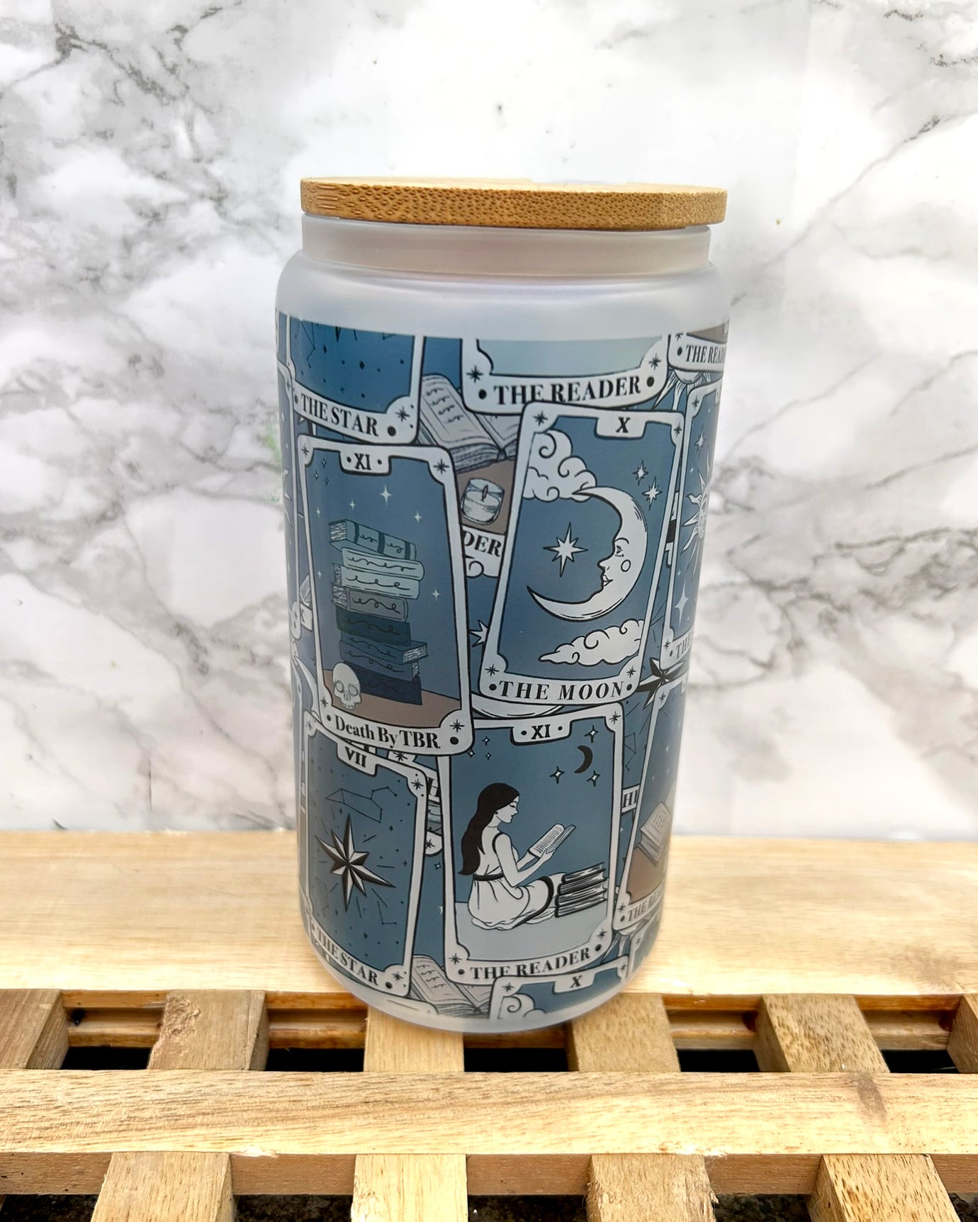 Tarot Cards Bookish Frosted Glass Tumbler with Bamboo Lid & Straw – 16oz Aesthetic Reader Cup