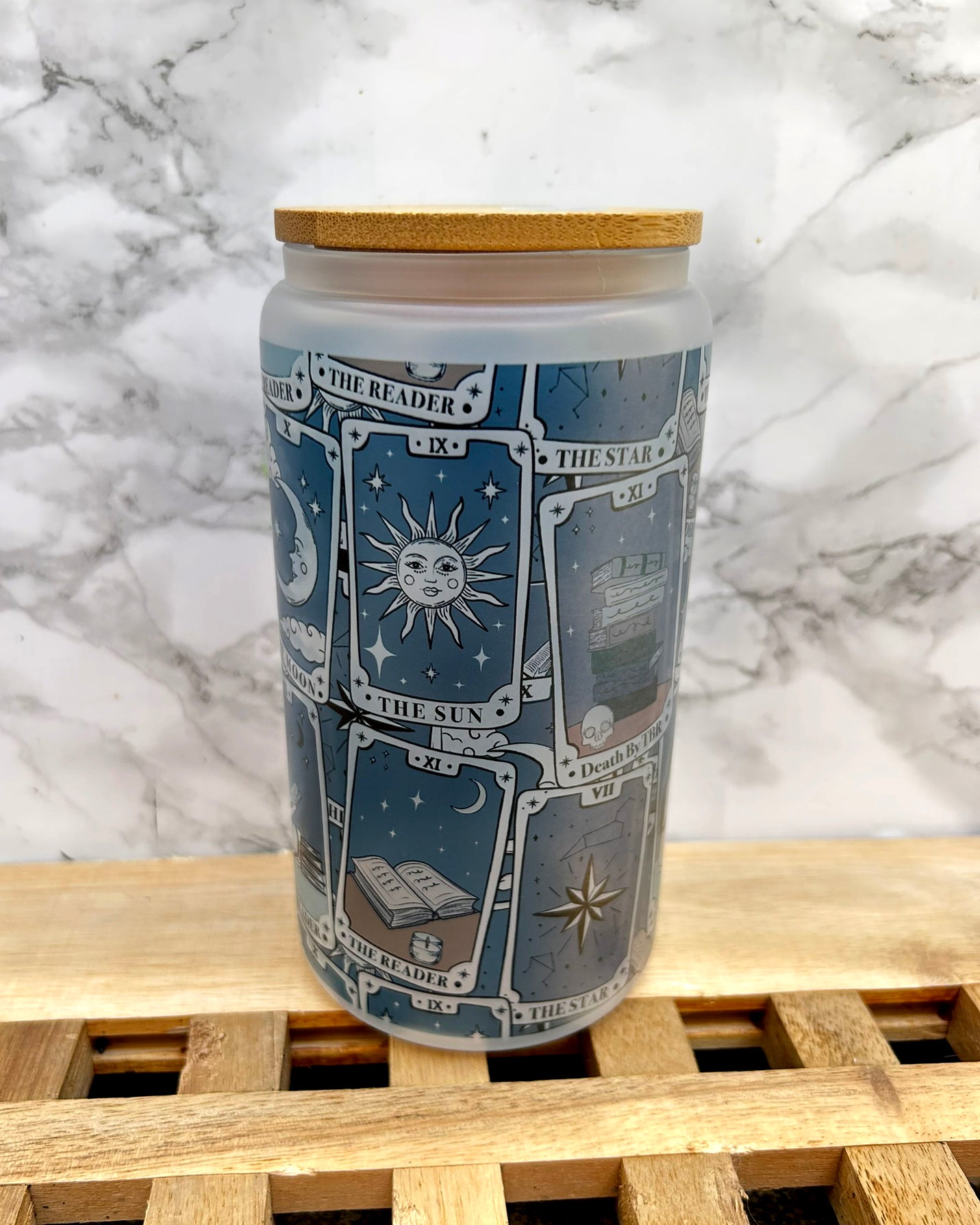 Tarot Cards Bookish Frosted Glass Tumbler with Bamboo Lid & Straw – 16oz Aesthetic Reader Cup