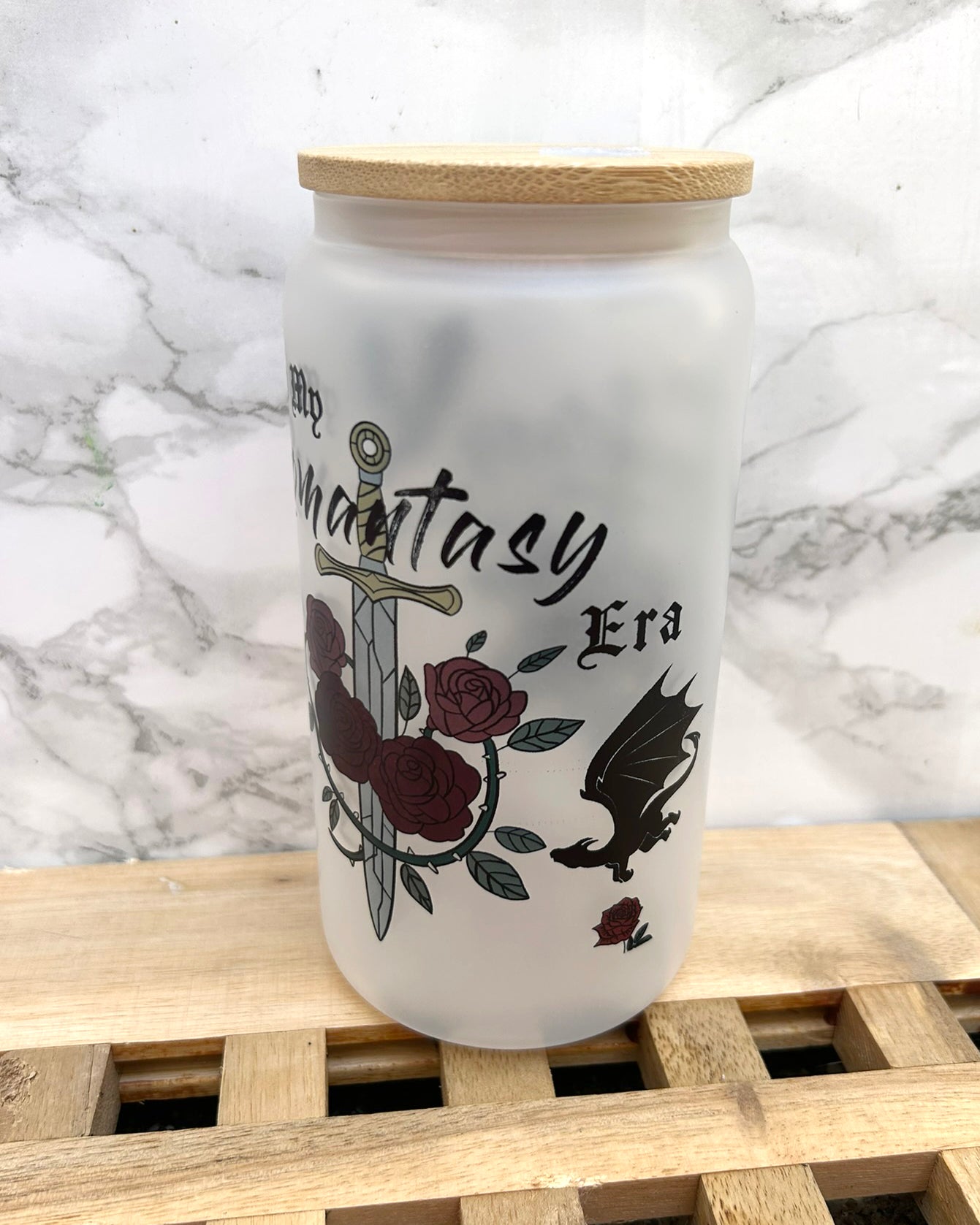 In my Romantasy Era Bookish Frosted Glass Tumbler with Bamboo Lid & Straw – 16oz Aesthetic Reader Cup