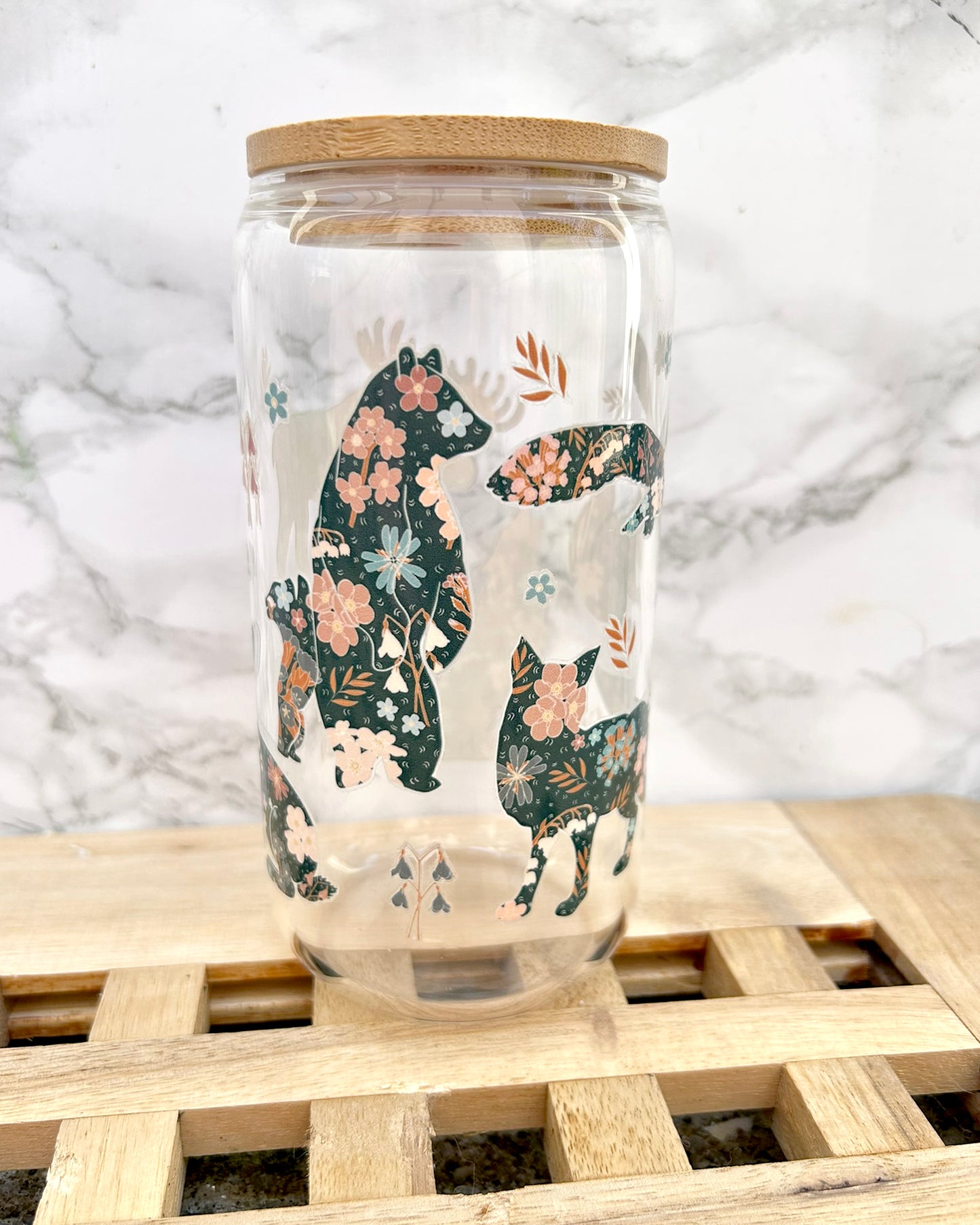 Scandi Folk Woodland Animals Glass Tumbler with Bamboo Lid & Straw – 16oz Aesthetic Cup