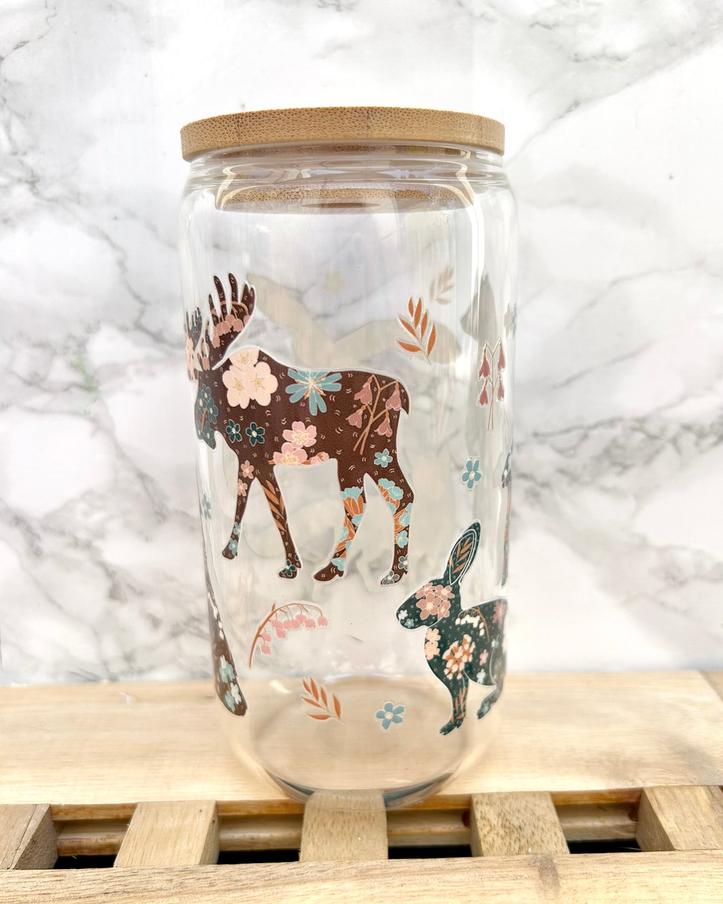 Scandi Folk Woodland Animals Glass Tumbler with Bamboo Lid & Straw – 16oz Aesthetic Cup