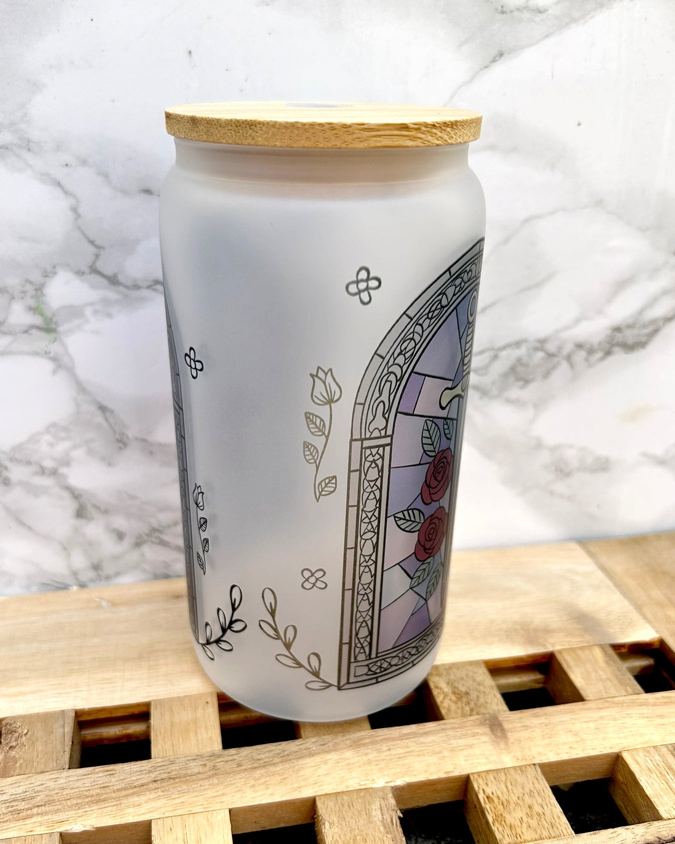 Stained Glass Bookish Frosted Glass Tumbler with Bamboo Lid & Straw – 16oz Aesthetic Reader Cup