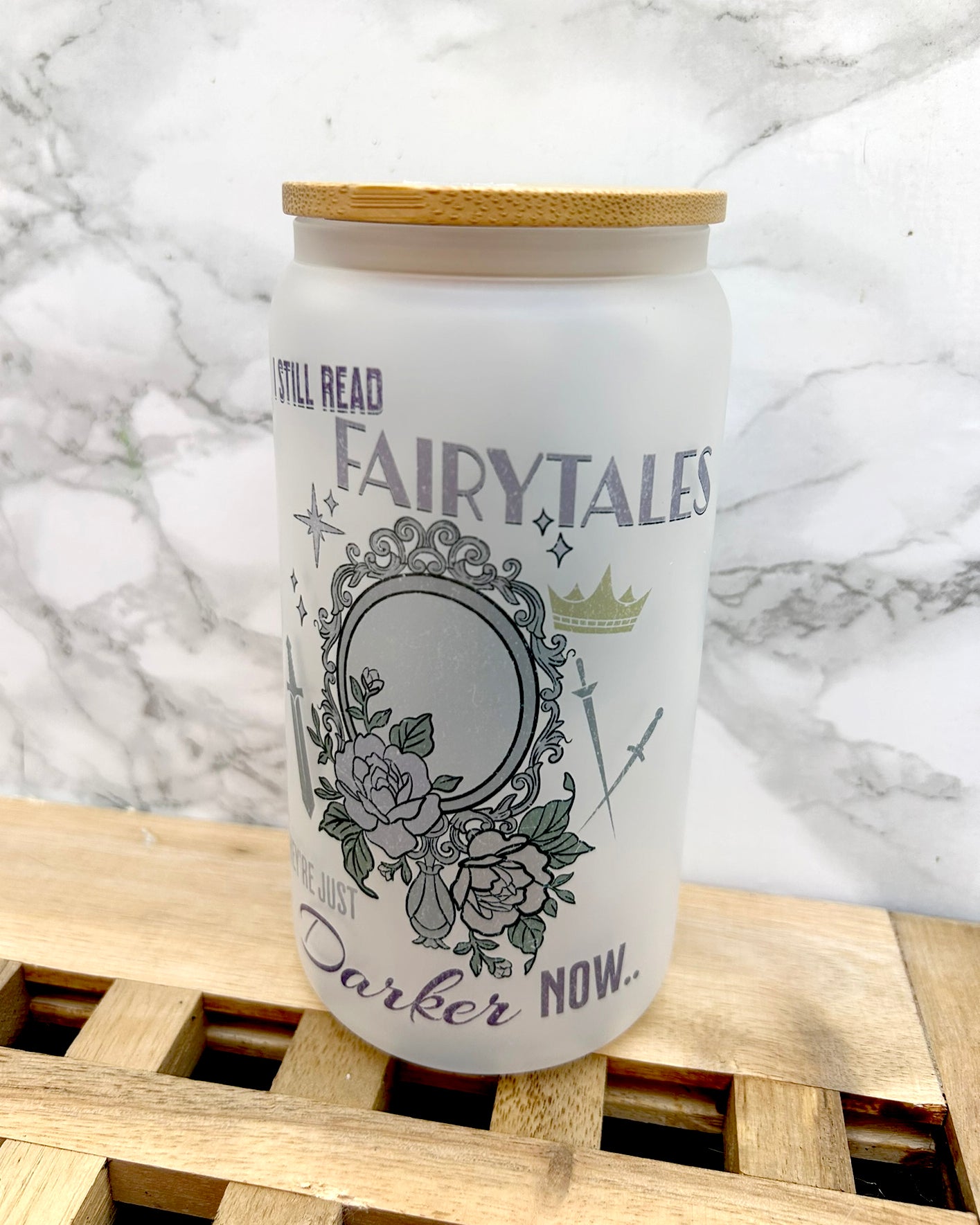 I Still Read Fairytales Bookish Frosted Glass Tumbler with Bamboo Lid & Straw – 16oz Aesthetic Reader Cup