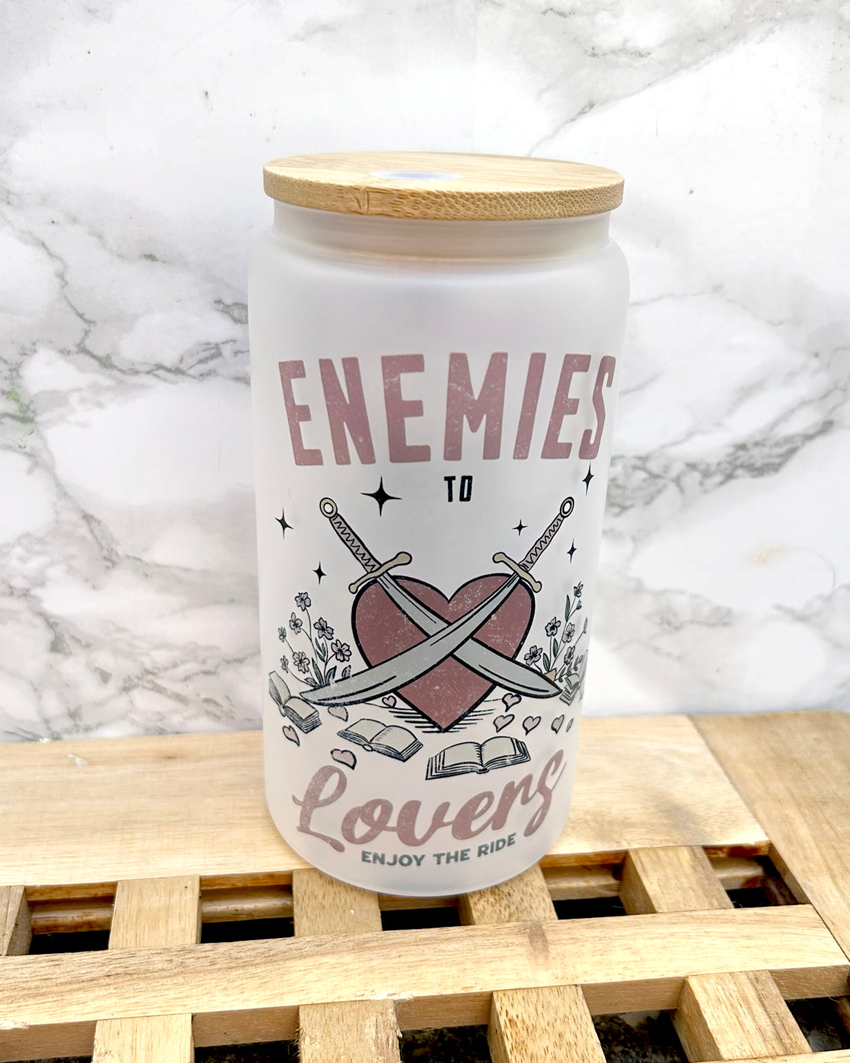 Enemies to Lovers Romance Bookish Frosted Glass Tumbler with Bamboo Lid & Straw – 16oz Aesthetic Reader Cup