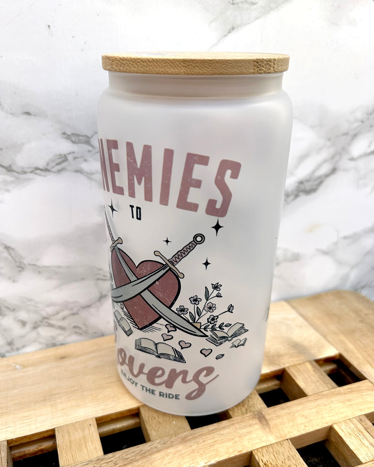 Enemies to Lovers Romance Bookish Frosted Glass Tumbler with Bamboo Lid & Straw – 16oz Aesthetic Reader Cup