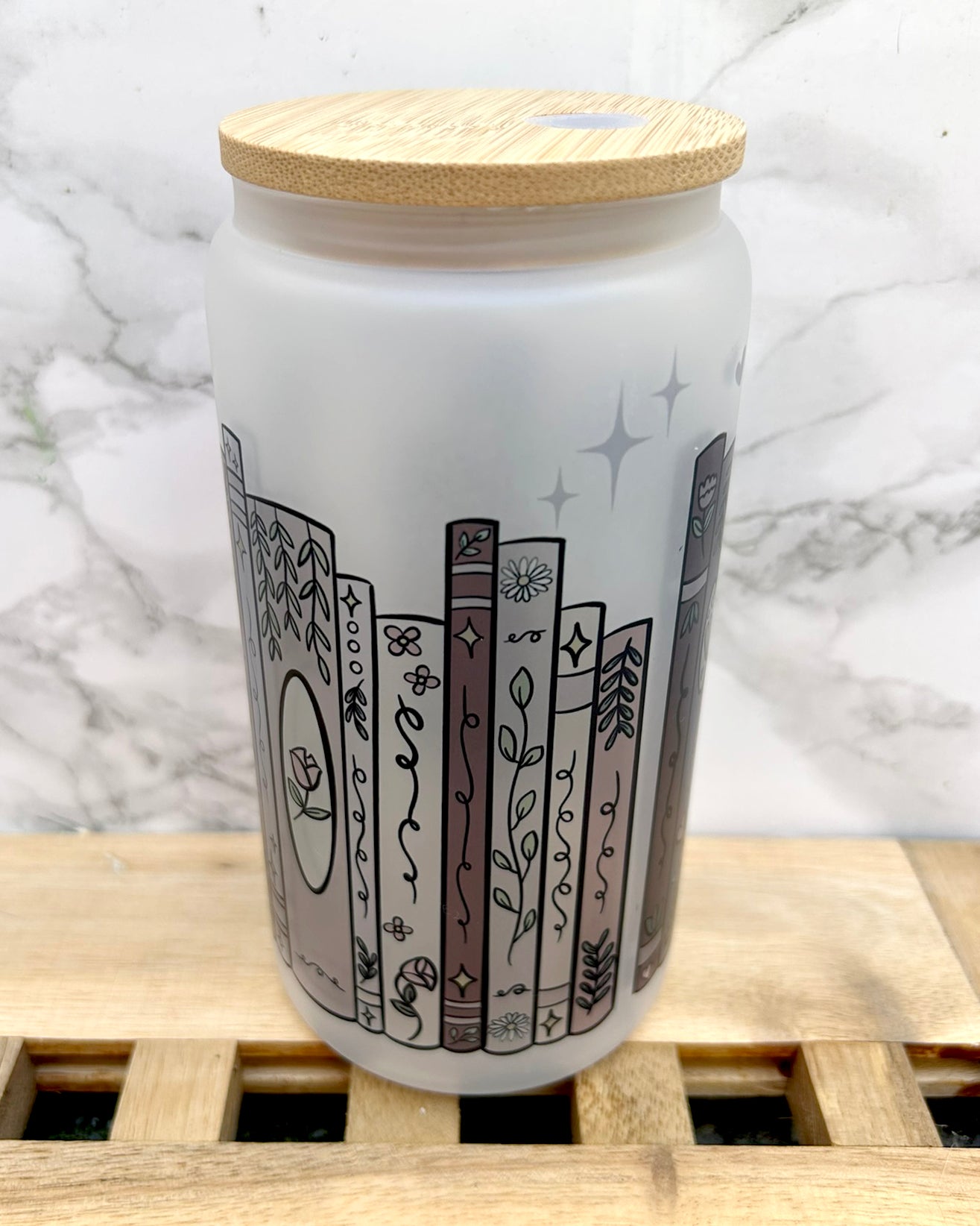 Book Shelf Bookish Frosted Glass Tumbler with Bamboo Lid & Straw – 16oz Aesthetic Reader Cup