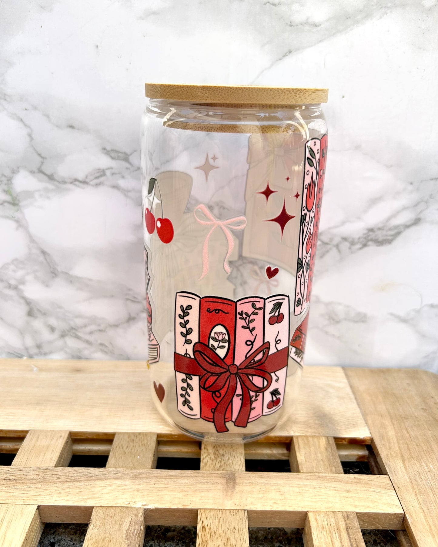 Cherries Bookish Glass Tumbler with Bamboo Lid & Straw – 16oz Aesthetic Reader Cup