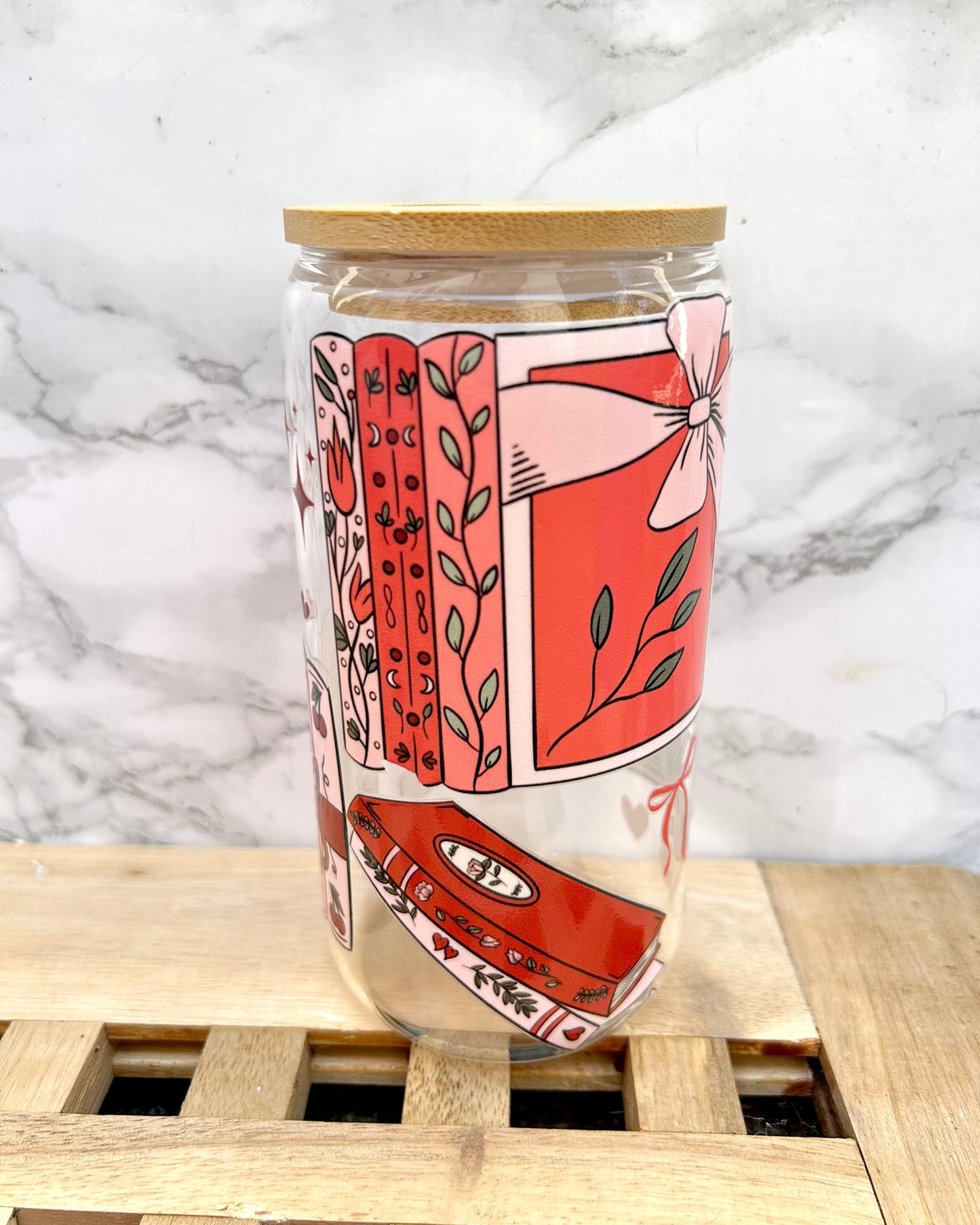 Cherries Bookish Glass Tumbler with Bamboo Lid & Straw – 16oz Aesthetic Reader Cup
