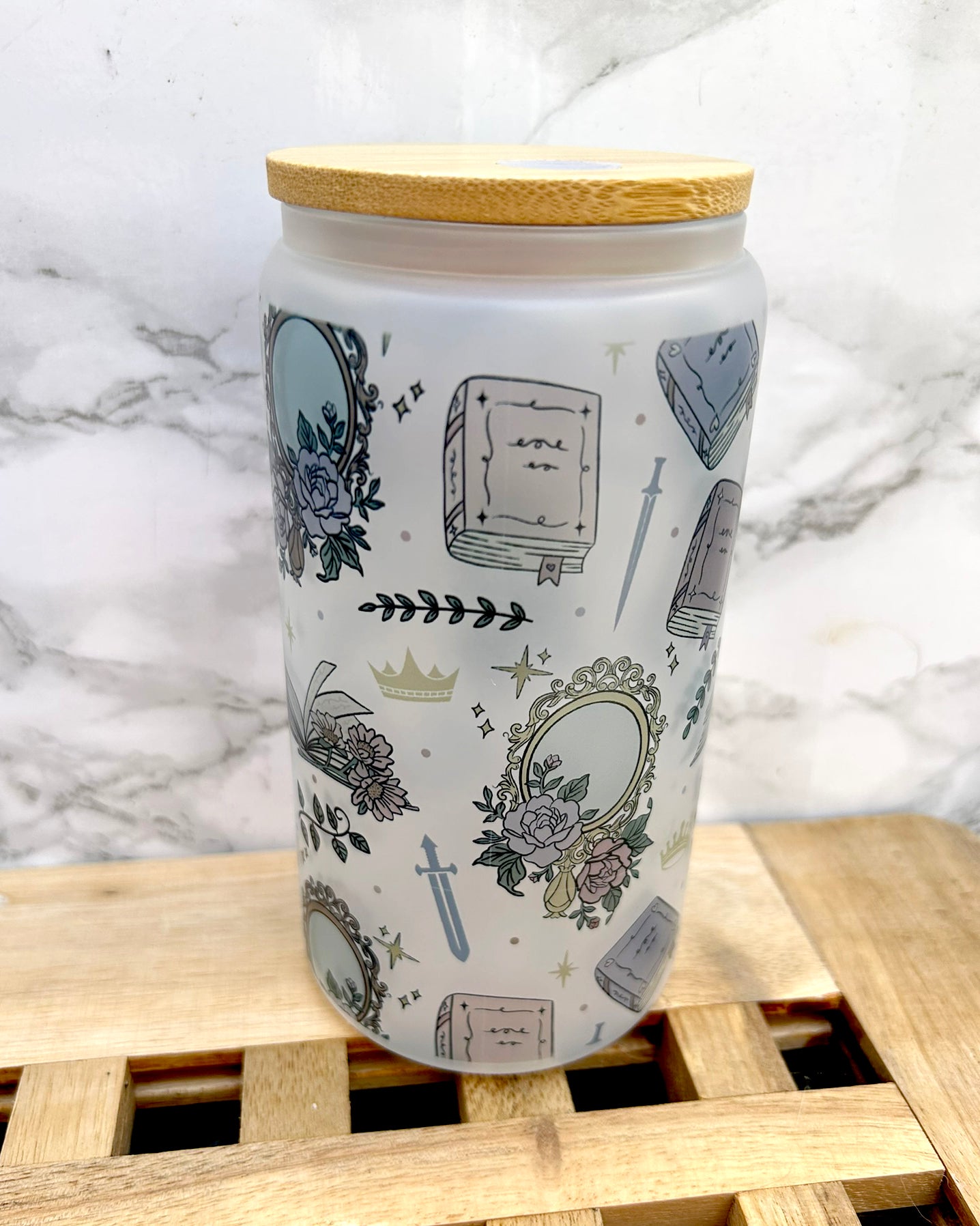 Girlie Romantasy Bookish Frosted Glass Tumbler with Bamboo Lid & Straw – 16oz Aesthetic Reader Cup