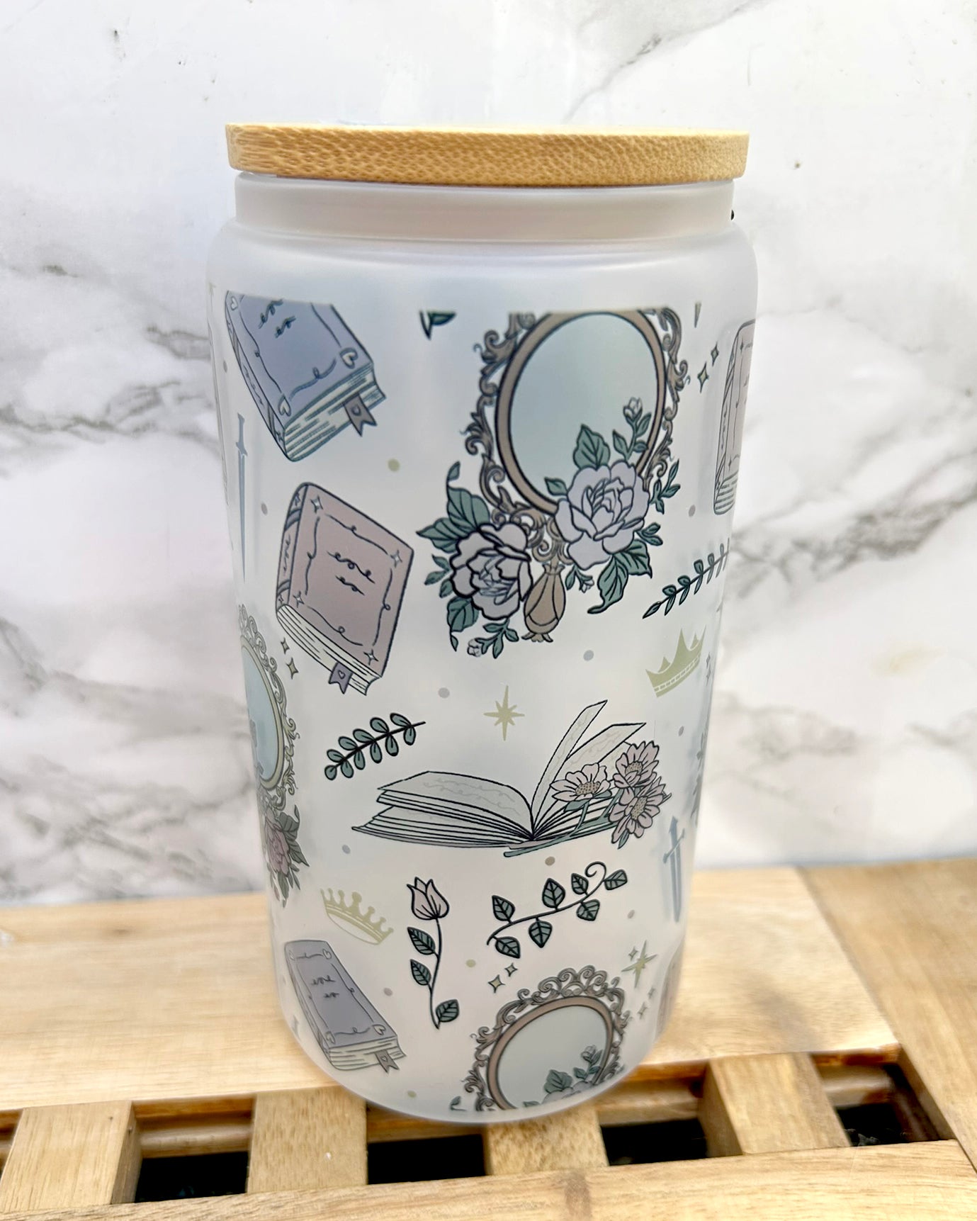 Girlie Romantasy Bookish Frosted Glass Tumbler with Bamboo Lid & Straw – 16oz Aesthetic Reader Cup