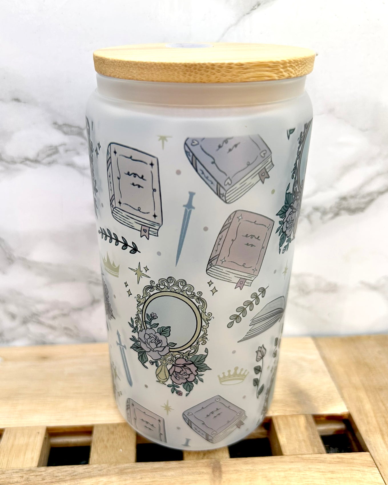 Girlie Romantasy Bookish Frosted Glass Tumbler with Bamboo Lid & Straw – 16oz Aesthetic Reader Cup