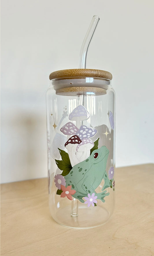 Frog Bunny Book Toadstool Glass Tumbler 17oz Straw