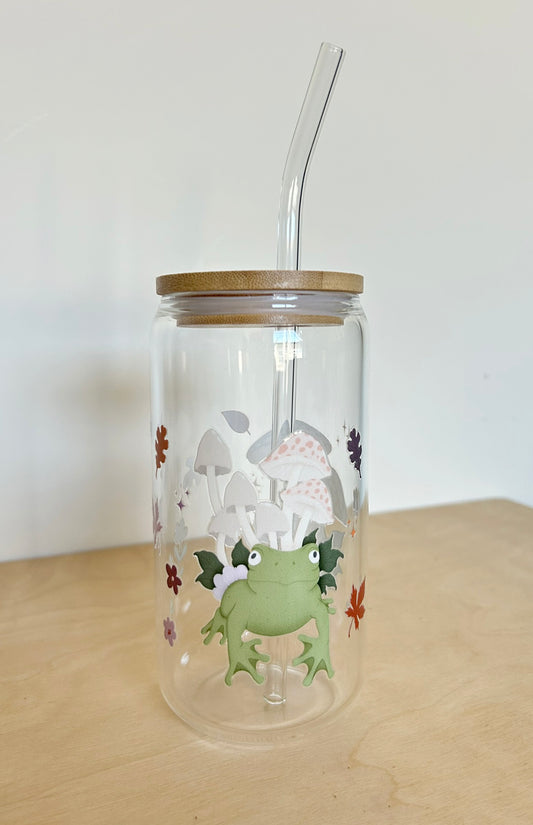 Frog Toadstool Glass Tumbler 17oz Straw