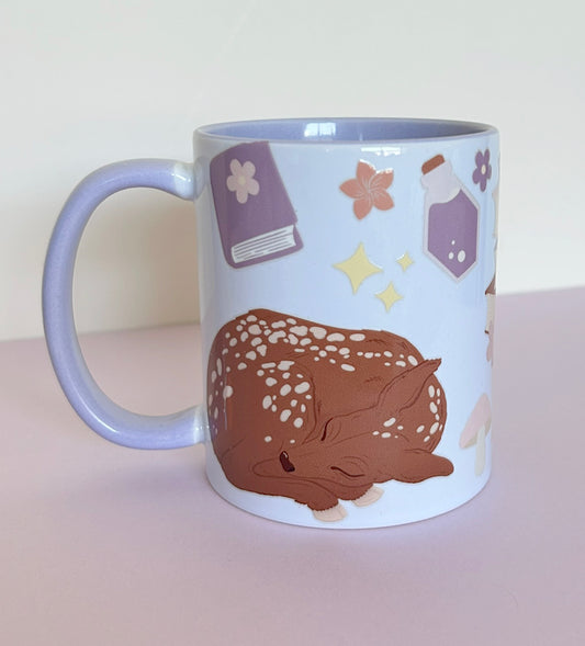 Lilac Mug Deer Frog Toadstools Books