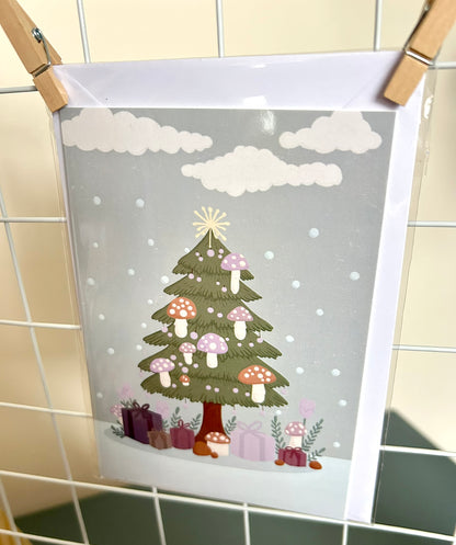 Lilac Toadstool Christmas Tree Christmas Card Art Print