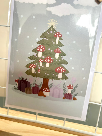 Red Toadstool Christmas Tree Christmas Card Art Print