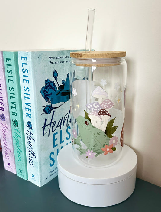 Deer & Frog Books Toadstools Bookish Glass Tumbler with Bamboo Lid & Straw – 16oz Aesthetic Reader Cup