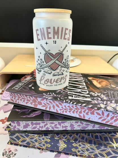 Enemies to Lovers Romance Bookish Frosted Glass Tumbler with Bamboo Lid & Straw – 16oz Aesthetic Reader Cup