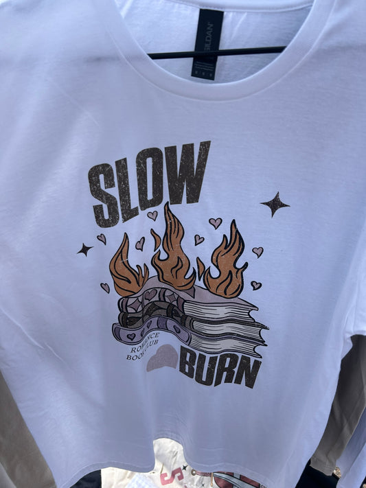 White Slow Burn T-Shirt Hand Drawn and Printed