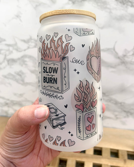 Slow Burn Bookish Frosted Glass Tumbler with Bamboo Lid & Straw – 16oz Aesthetic Reader Cup