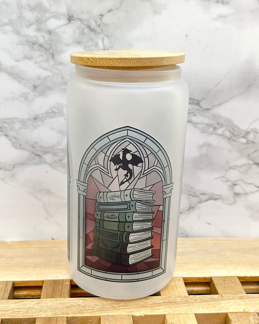 Dragon Stained Bookish Frosted Glass Tumbler with Bamboo Lid & Straw – 16oz Aesthetic Reader Cup