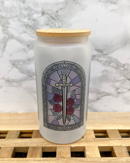 Stained Glass Bookish Frosted Glass Tumbler with Bamboo Lid & Straw – 16oz Aesthetic Reader Cup