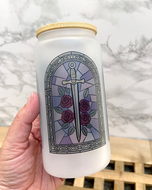 Stained Glass Bookish Frosted Glass Tumbler with Bamboo Lid & Straw – 16oz Aesthetic Reader Cup