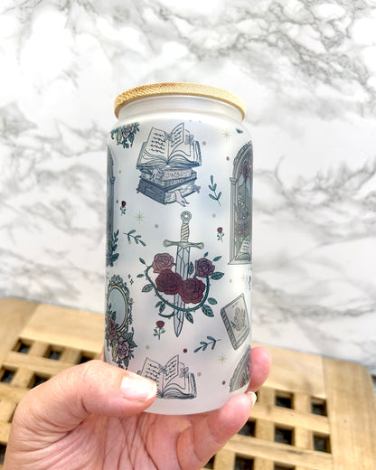 Romantasy Fantasy Bookish Frosted Glass Tumbler with Bamboo Lid & Straw – 16oz Aesthetic Reader Cup