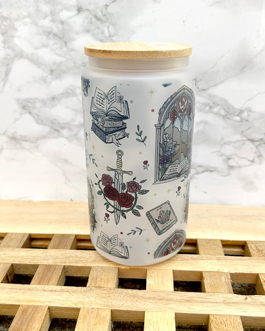 Romantasy Fantasy Bookish Frosted Glass Tumbler with Bamboo Lid & Straw – 16oz Aesthetic Reader Cup