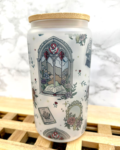 Romantasy Fantasy Bookish Frosted Glass Tumbler with Bamboo Lid & Straw – 16oz Aesthetic Reader Cup