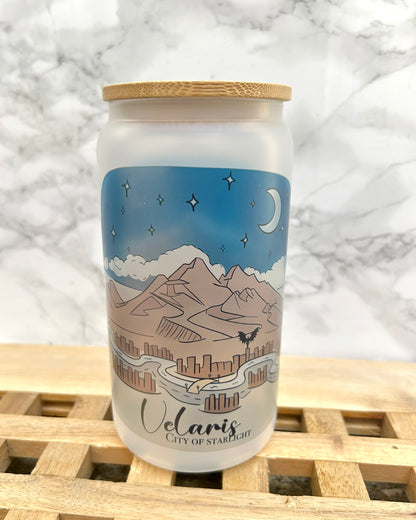 Velaris ACOTAR Bookish Frosted Glass Tumbler with Bamboo Lid & Straw – 16oz Aesthetic Reader Cup